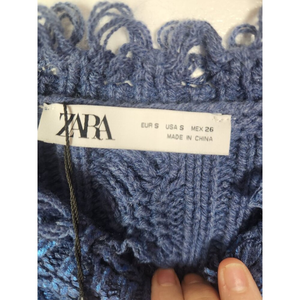 Zara Women's Sz. S Metallic Cropped Oversized Blue Sweater NWT - Picture 2 of 4